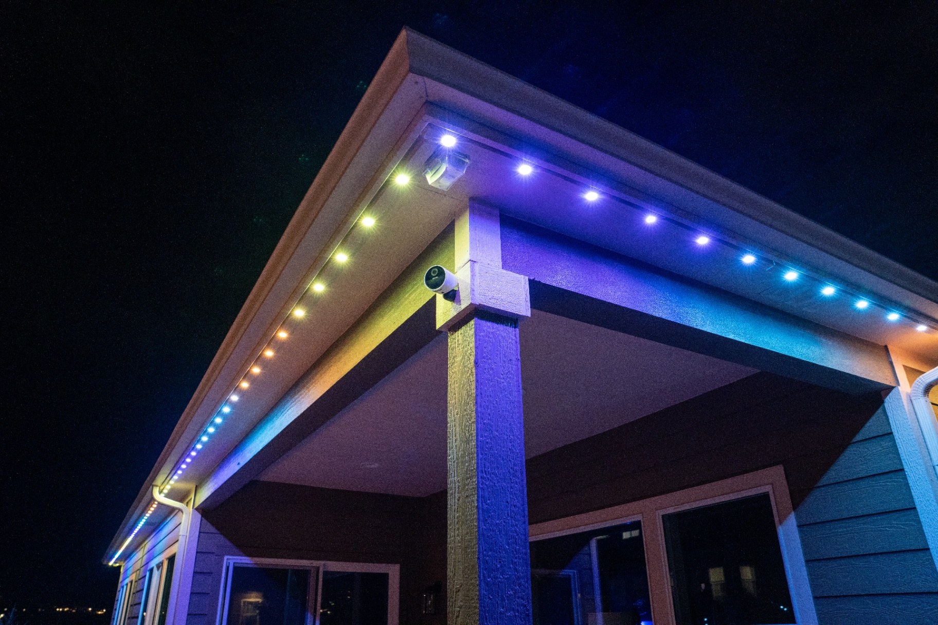 Warm white and cool white lighting under a patio overhang