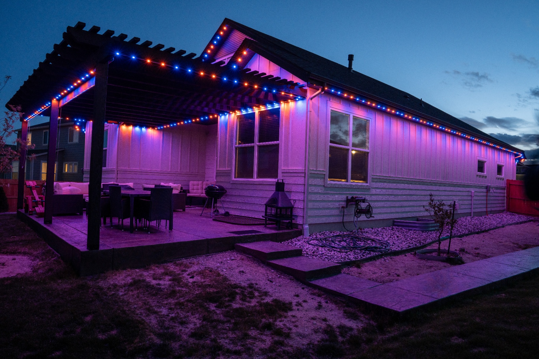 Red, white, and blue patriotic lighting on a patio