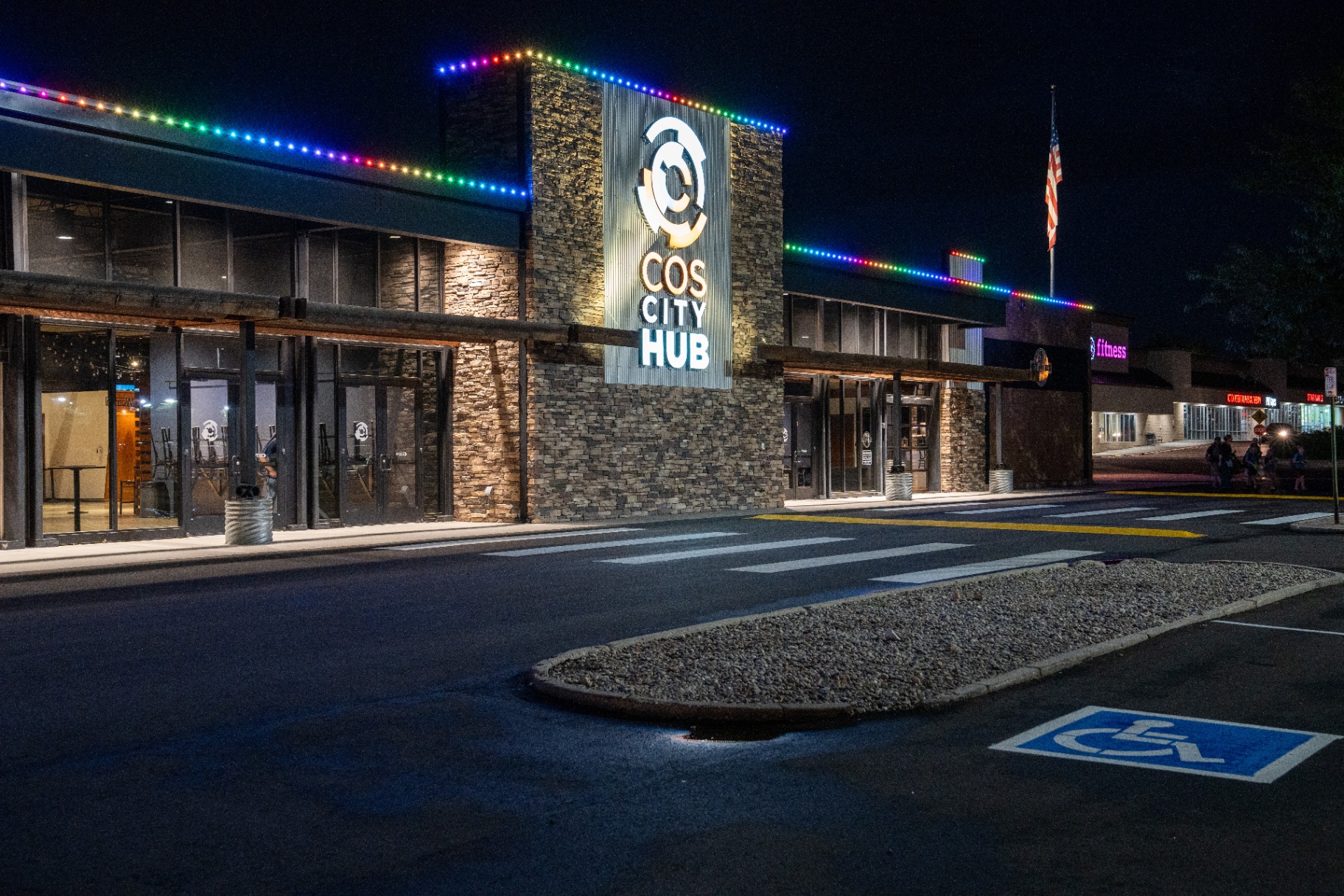 Rainbow lighting on the COS City Hub commercial building