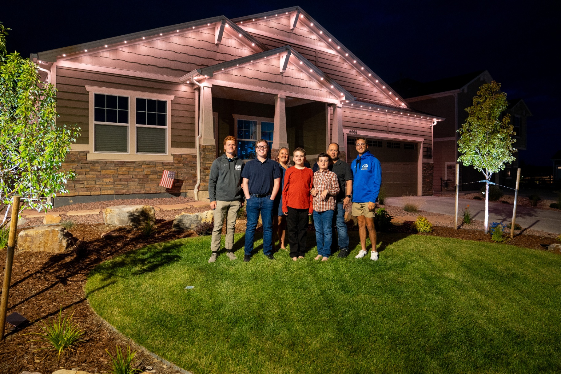 Detail of permanent LED lighting under home eaves